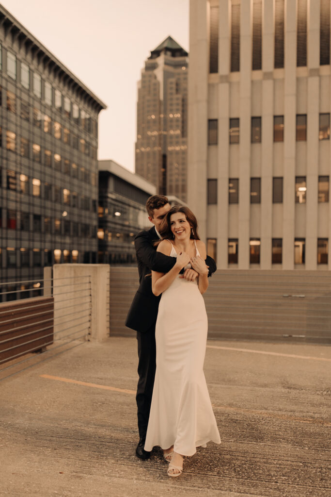 city engagement session in a sleek white dress