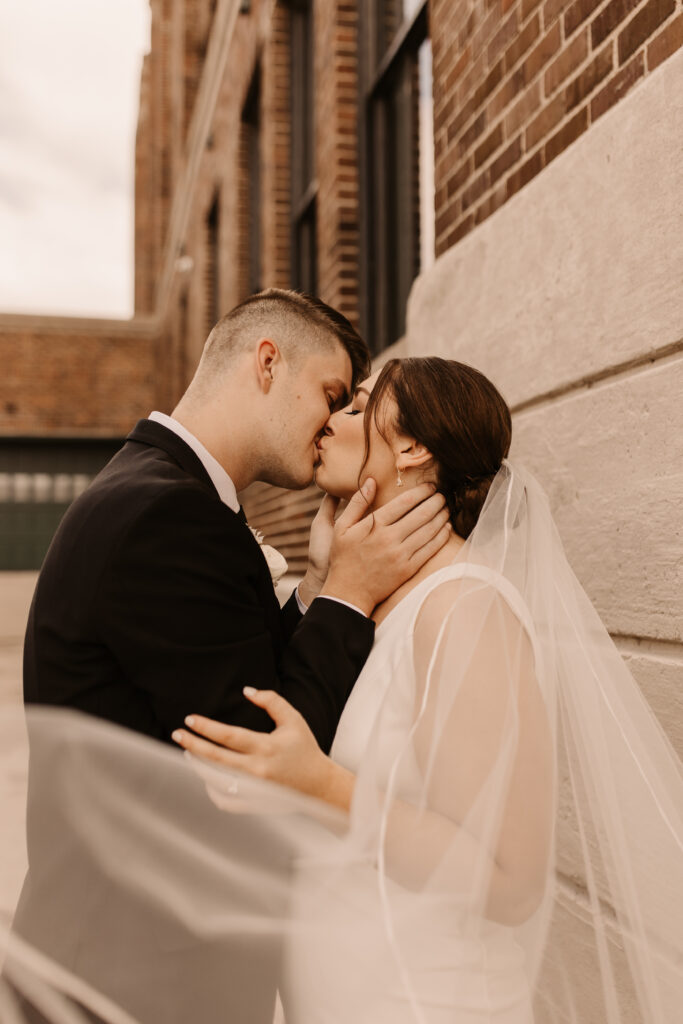 Iowa wedding, bride and groom veil photos